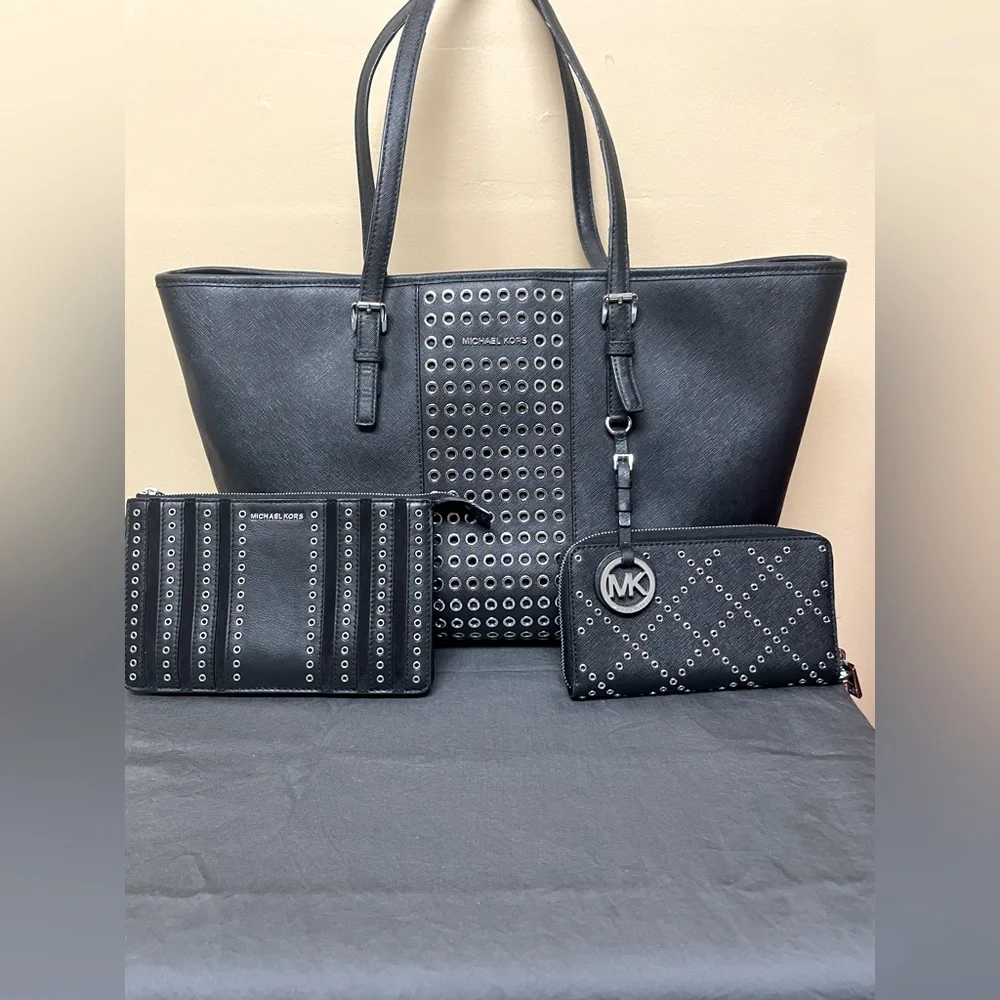 Michael Kors Black Grommet Large Tote + Pouch + Wallet GENTLY USED